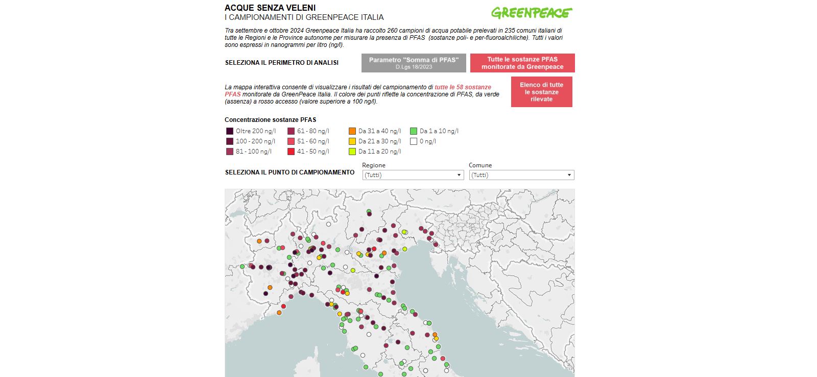 Da Greenpeace Italia la prima mappa di contaminazione da Pfas nelle acque potabili: la situazione in Piemonte