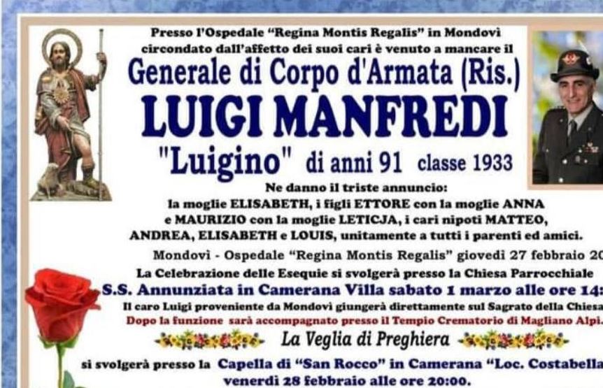 Si è spento a Mondovì il senatore forzista Luigi Manfredi