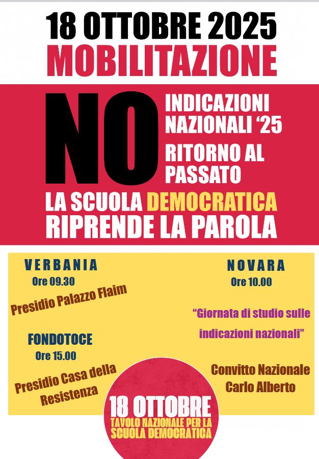 Sabato 18 ottobre a Verbania mobilitazione del Tavolo Nazionale per la scuola democratica