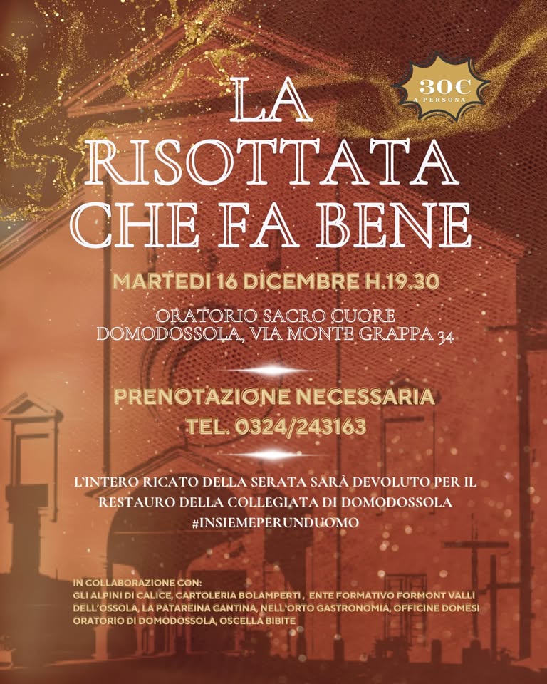 "La Risottata che fa bene", martedì 16 dicembre a Domodossola per il restauro della Collegiata. Occorre prenotare